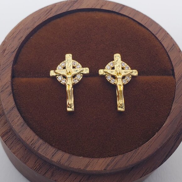 14K Gold Mens 2ct Diamond Cross Stud Earrings Guys 14 K Silver Christian Jewelry - Picture 3 of 4